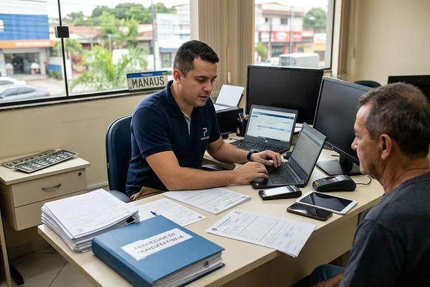 Despachante trabalhando na transferência de veículo em Manaus, observando detalhes importantes.