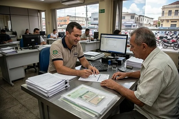 Profissional auxiliando na renovação de CNH em Manaus, com documentos na mesa.